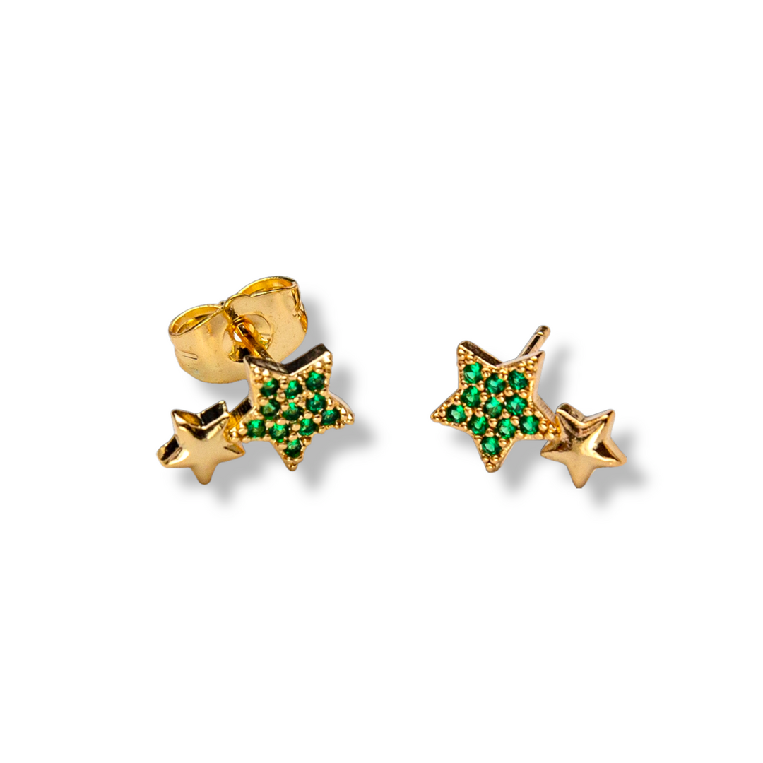 Green Star Stud Earrings - Gold Earrings with Rhodium Plating, Green Crystal Star, and Gold Star Accent