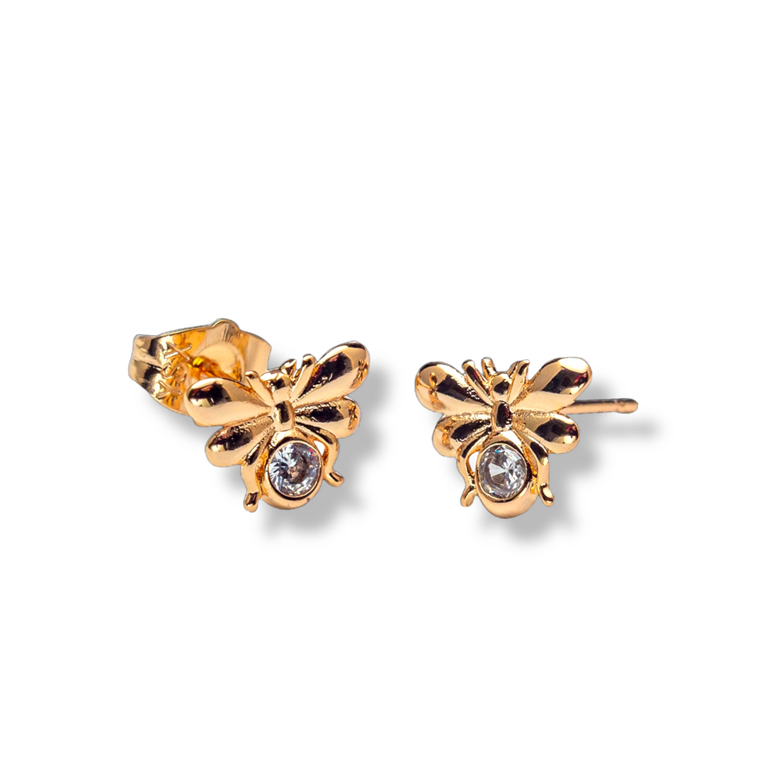 Bee Crystal Studs Earrings - Gold Earrings with Rhodium Plating, Bee Design with Crystal, Hypoallergenic, Moisture-Resistant