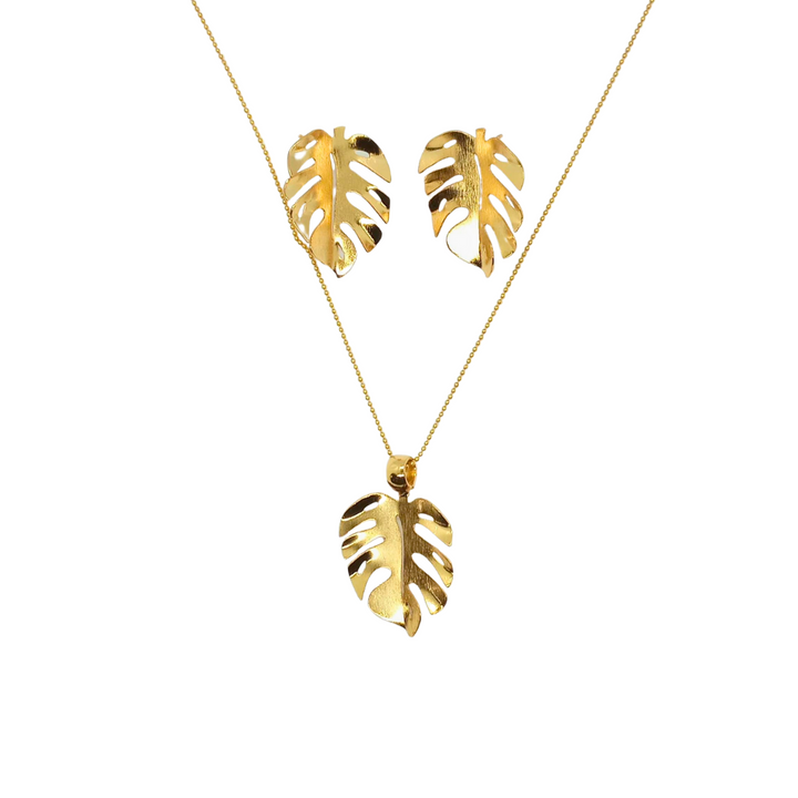 Golden Malanga Leaf Jewelry Set - Necklace and Earrings