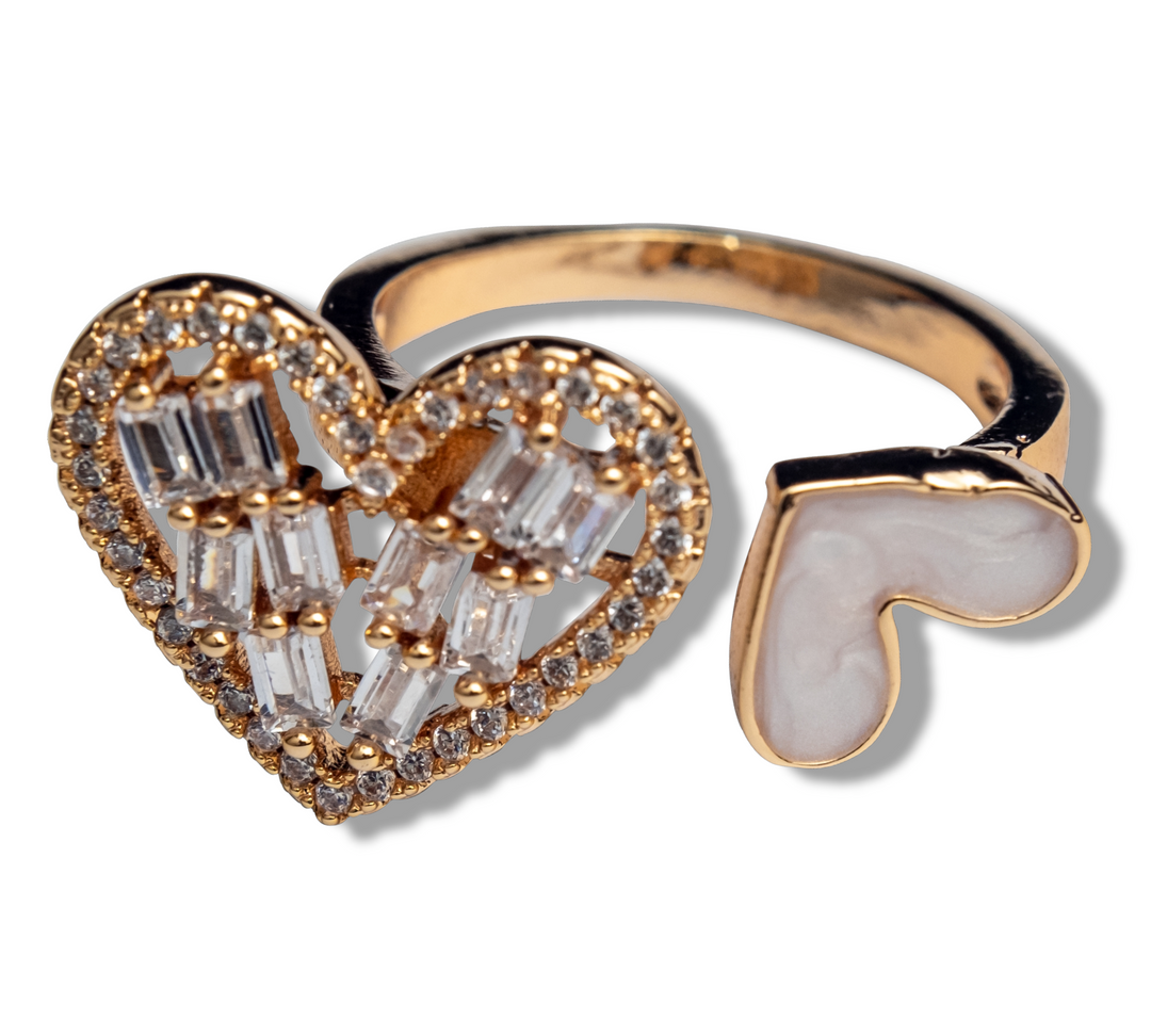 Double Heart Ring - One-Size Ring with Crystal Hearts and Elegant White Heart