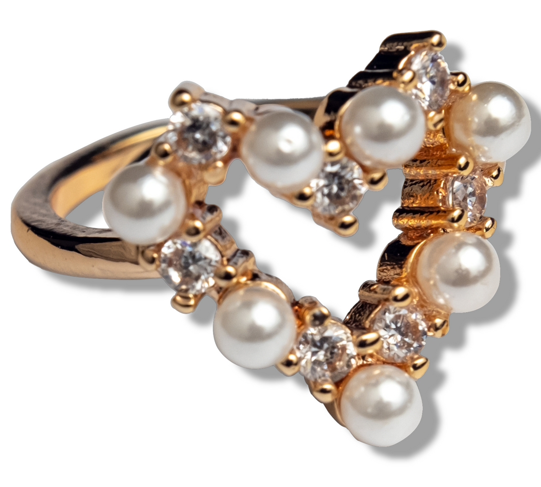 Greta Love Gold Ring - One Size, Heart with Pearls and Crystals