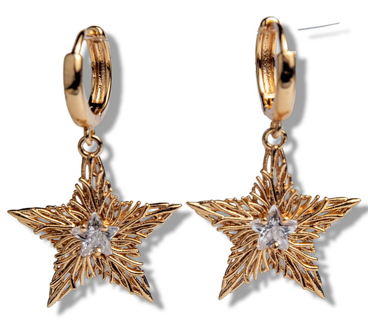 Asteri Hoops Dangle Earrings - Golden Star Charms with Crystal Centers and Rhodium Plating