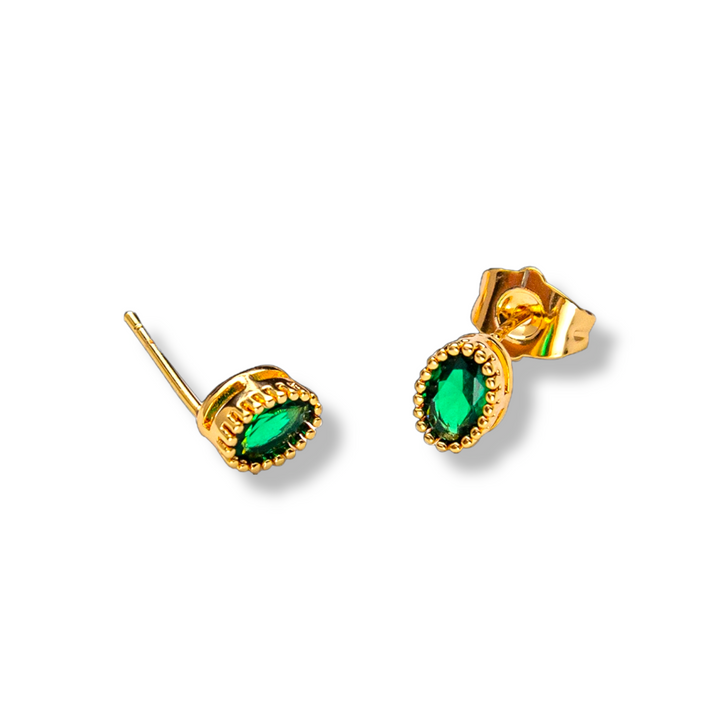 Cloe Gold Dot Earrings - Elegant Gold Earrings with Green Crystals, Hypoallergenic, Moisture-Resistant