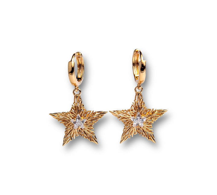 Asteri Hoops Dangle Earrings - Golden Star Charms with Crystal Centers and Rhodium Plating