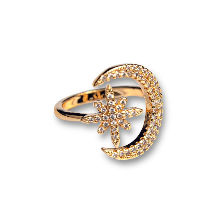 Venus Ring - One Size with Star and Crescent Moon, Clear Crystals