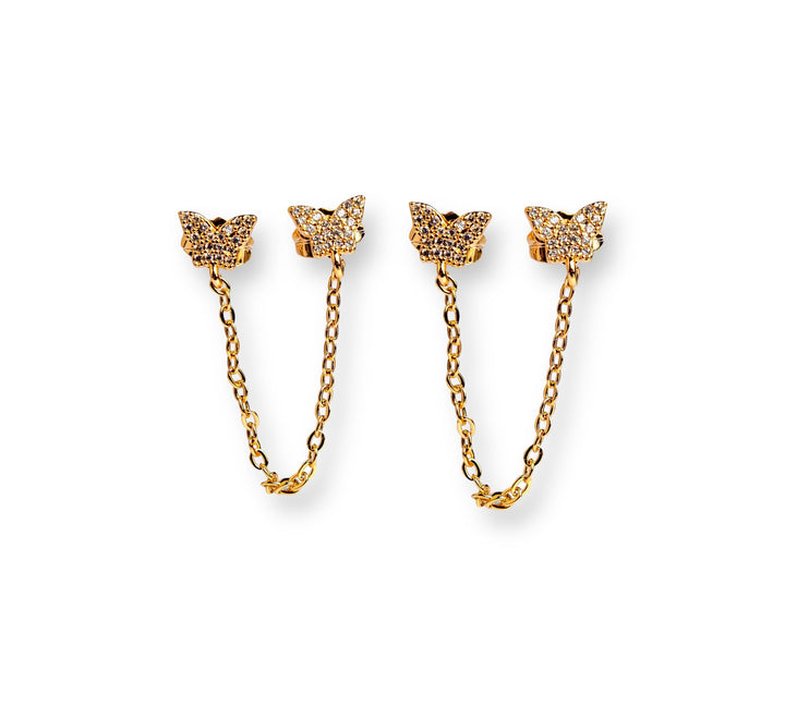 Butterfly Drops Earrings - Gold Butterfly Earrings with Crystal Detail, For Double Piercings Only, Hypoallergenic, and Rhodium Plating